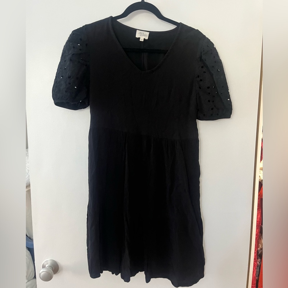 Ava James Black Puff Eyelet Sleeve Dress